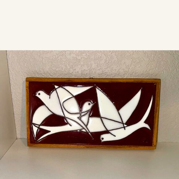 Mid Century Modern Abstract Bird Tile Wall Art | White Doves on Red - Picture 5 of 9
